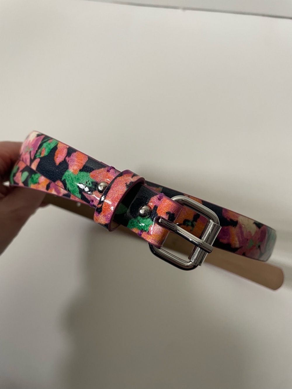Ann Taylor Floral Patent Skinny Belt Silver Buckle Cottagecore Size Medium